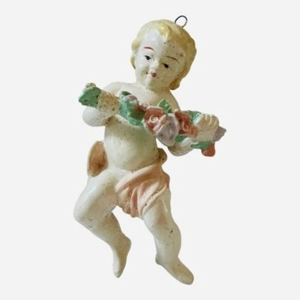 Pair Antique Angel Christmas Ornaments Resin Vintage Xmas Tree Decor Collectible